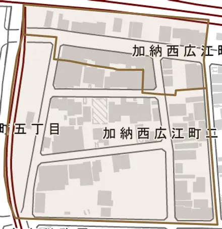 加納西広江町とその周辺の地図。町の範囲を重ねている