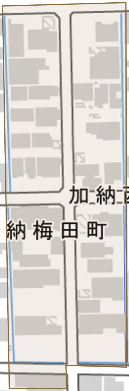 加納西山町とその周辺の地図。町の範囲を重ねている