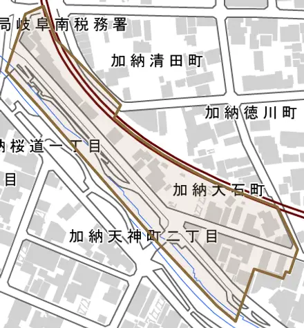 加納大石町とその周辺の地図。町の範囲を重ねている