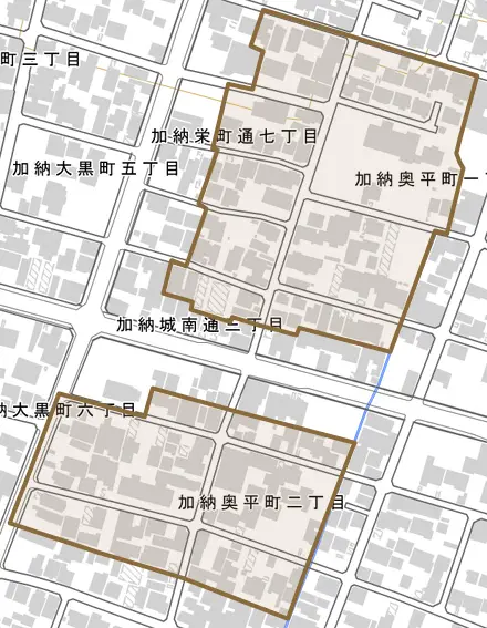 加納奥平町とその周辺の地図。町の範囲を重ねている