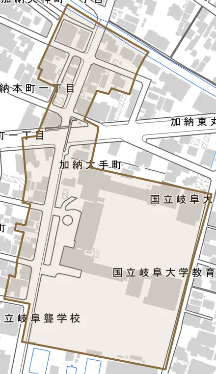 加納大手町とその周辺の地図。町の範囲を重ねている