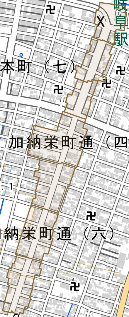 加納栄町通とその周辺の地図。町の範囲を重ねている