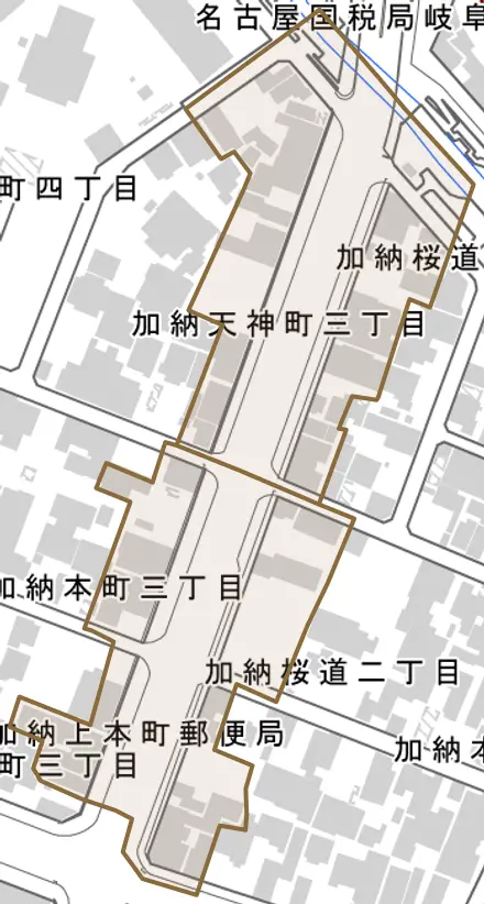 加納桜道とその周辺の地図。町の範囲を重ねている