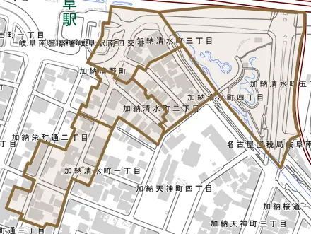 加納清水町とその周辺の地図。町の範囲を重ねている