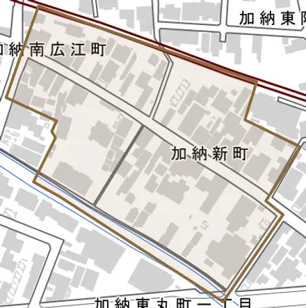 加納新町とその周辺の地図。町の範囲を重ねている
