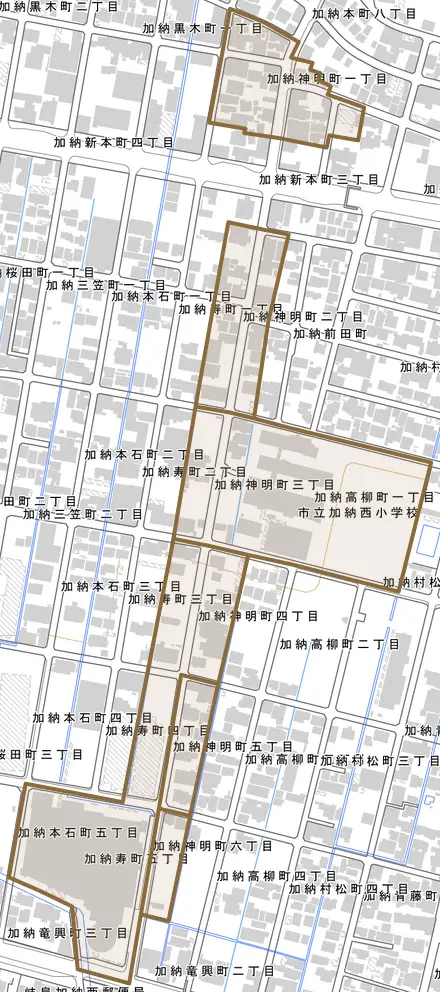 加納神明町とその周辺の地図。町の範囲を重ねている