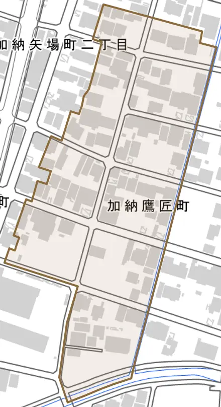 加納鷹匠町とその周辺の地図。町の範囲を重ねている