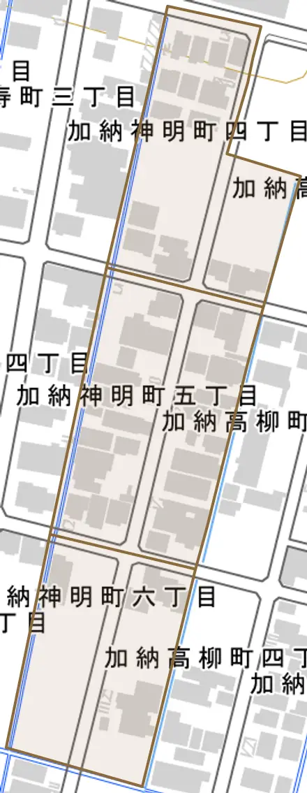 加納高柳町とその周辺の地図。町の範囲を重ねている
