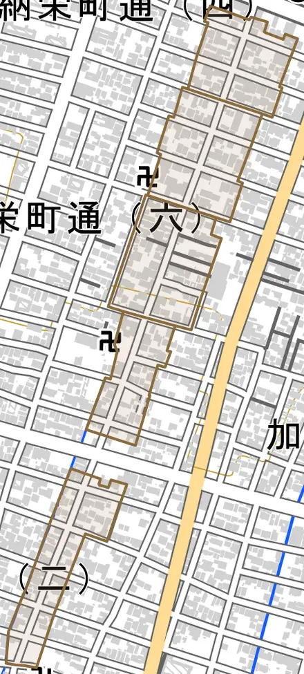 加納鉄砲町とその周辺の地図。町の範囲を重ねている