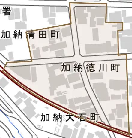 加納徳川町とその周辺の地図。町の範囲を重ねている