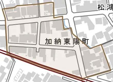加納東陽町とその周辺の地図。町の範囲を重ねている