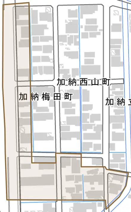 加納梅田町とその周辺の地図。町の範囲を重ねている