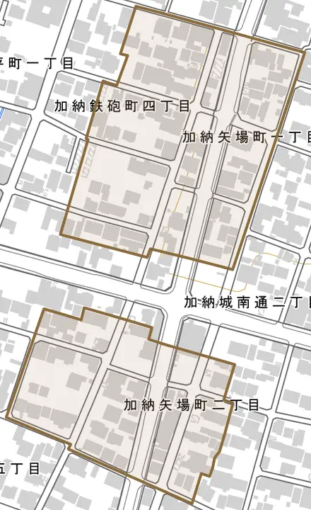 加納矢場町とその周辺の地図。町の範囲を重ねている