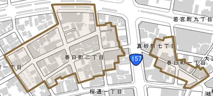 春日町とその周辺の地図。町の範囲を重ねている