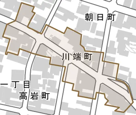 川端町とその周辺の地図。町の範囲を重ねている