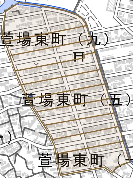 萱場東町とその周辺の地図。町の範囲を重ねている