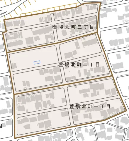 萱場北町とその周辺の地図。町の範囲を重ねている
