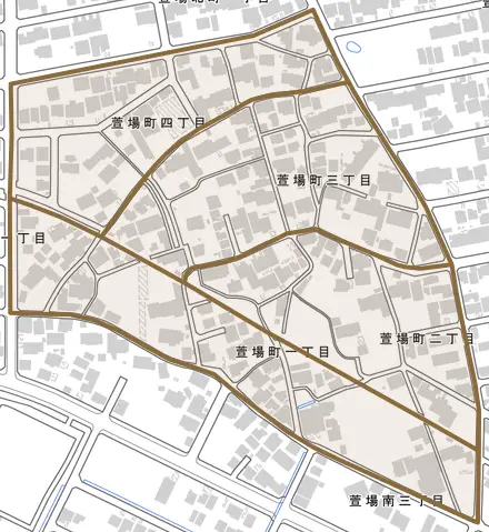 萱場町とその周辺の地図。町の範囲を重ねている