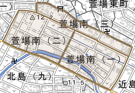 萱場南とその周辺の地図。町の範囲を重ねている