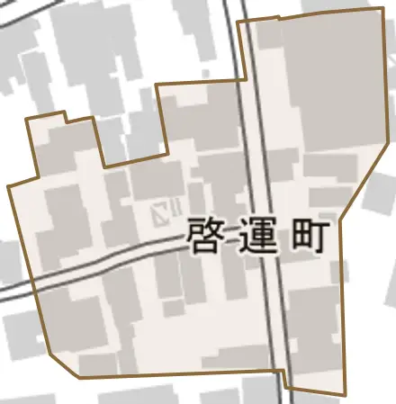 啓運町とその周辺の地図。町の範囲を重ねている