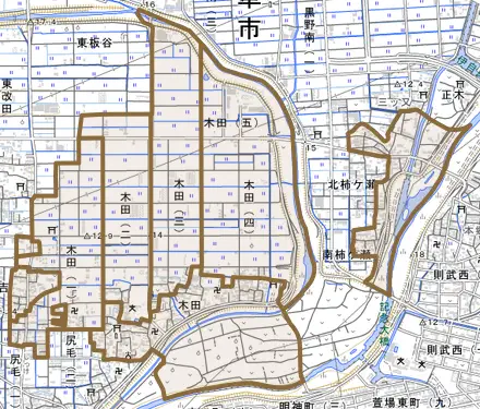 木田とその周辺の地図。町の範囲を重ねている