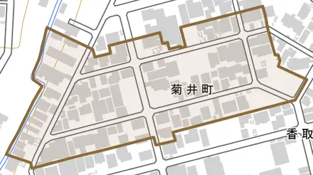 菊井町とその周辺の地図。町の範囲を重ねている