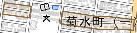 菊水町とその周辺の地図。町の範囲を重ねている