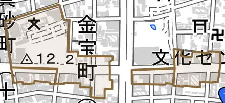 金宝町とその周辺の地図。町の範囲を重ねている