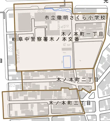 木ノ本町とその周辺の地図。町の範囲を重ねている