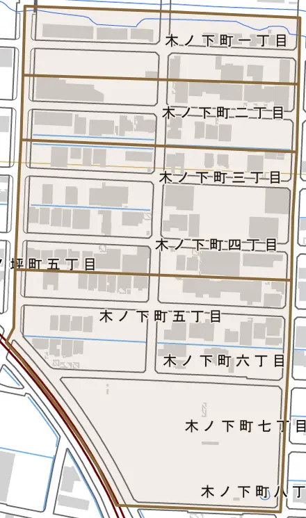木ノ下町とその周辺の地図。町の範囲を重ねている