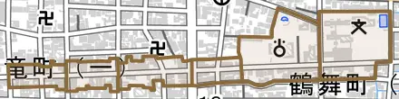 金竜町とその周辺の地図。町の範囲を重ねている