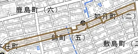 如月町とその周辺の地図。町の範囲を重ねている