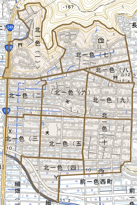 北一色とその周辺の地図。町の範囲を重ねている
