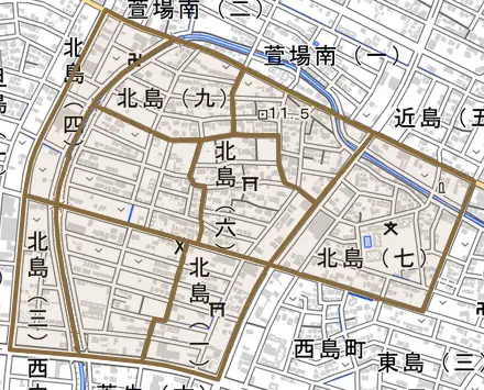 北島とその周辺の地図。町の範囲を重ねている