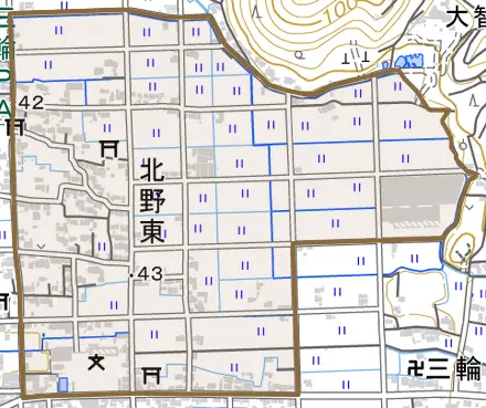 北野東とその周辺の地図。町の範囲を重ねている