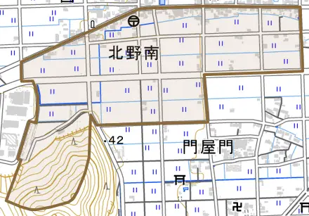 北野南とその周辺の地図。町の範囲を重ねている