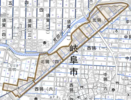 北鶉とその周辺の地図。町の範囲を重ねている
