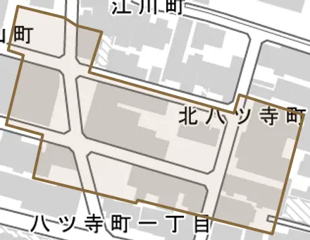 北八ツ寺町とその周辺の地図。町の範囲を重ねている