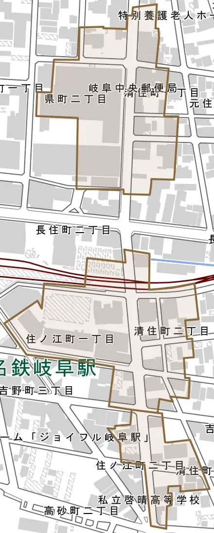 清住町とその周辺の地図。町の範囲を重ねている