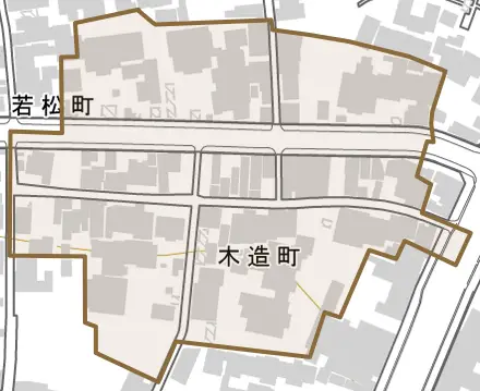 木造町とその周辺の地図。町の範囲を重ねている