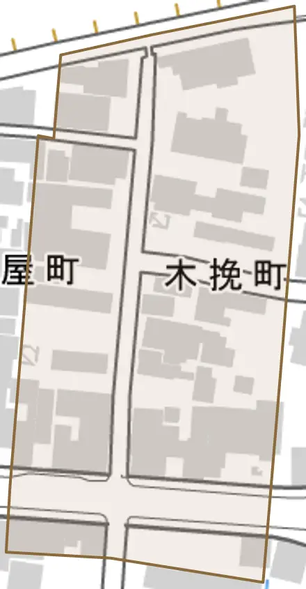 木挽町とその周辺の地図。町の範囲を重ねている