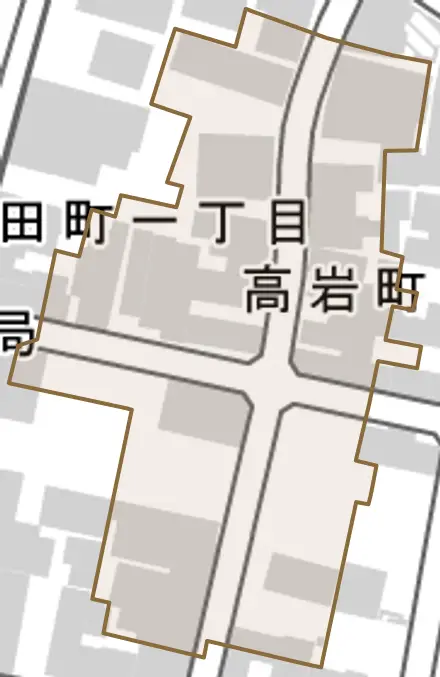 高岩町とその周辺の地図。町の範囲を重ねている