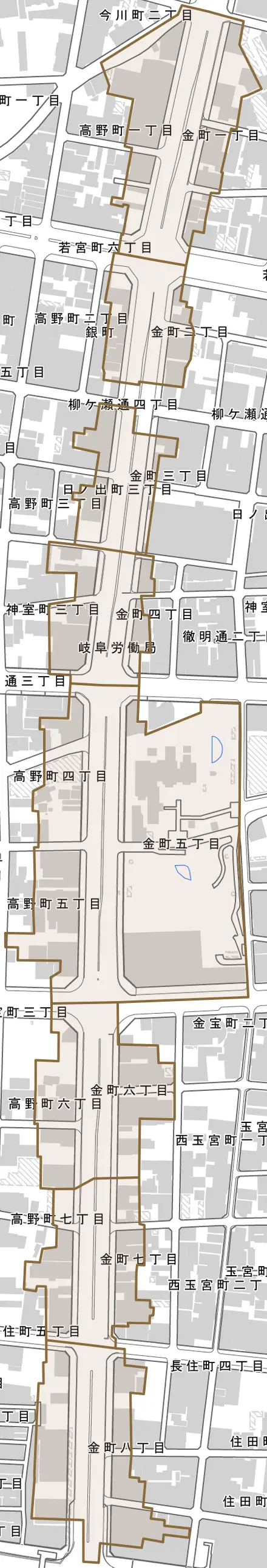 金町とその周辺の地図。町の範囲を重ねている