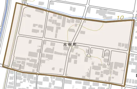 光樹町とその周辺の地図。町の範囲を重ねている