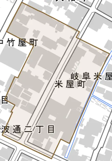 米屋町とその周辺の地図。町の範囲を重ねている