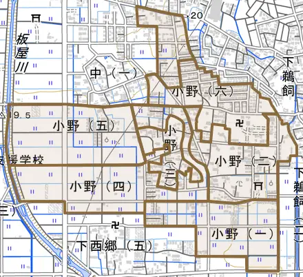 小野とその周辺の地図。町の範囲を重ねている