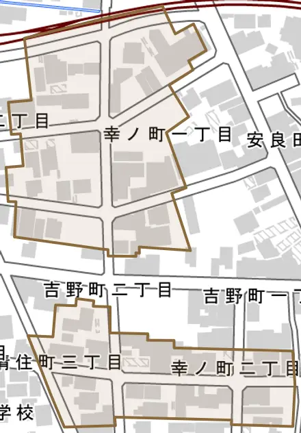 幸ノ町とその周辺の地図。町の範囲を重ねている