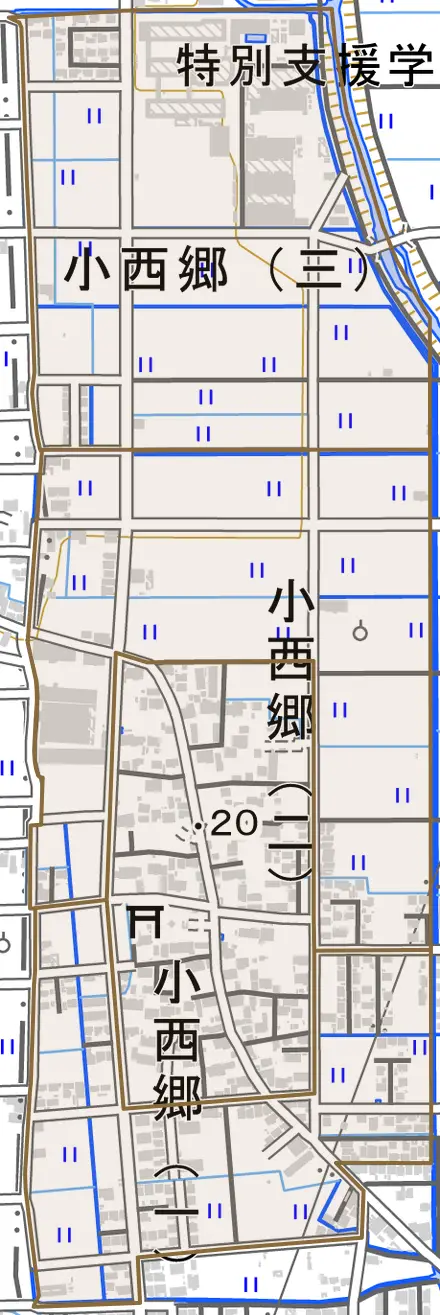小西郷とその周辺の地図。町の範囲を重ねている