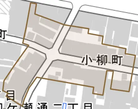 小柳町とその周辺の地図。町の範囲を重ねている
