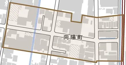 向陽町とその周辺の地図。町の範囲を重ねている